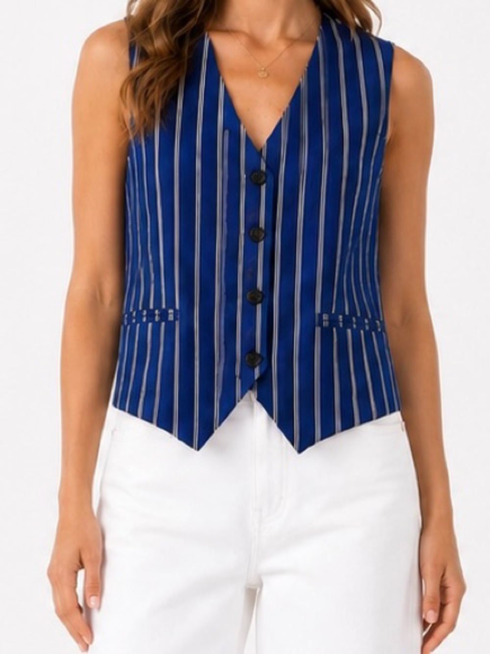 Ashley Stewart Blue and White Striped Tailored Vest 14